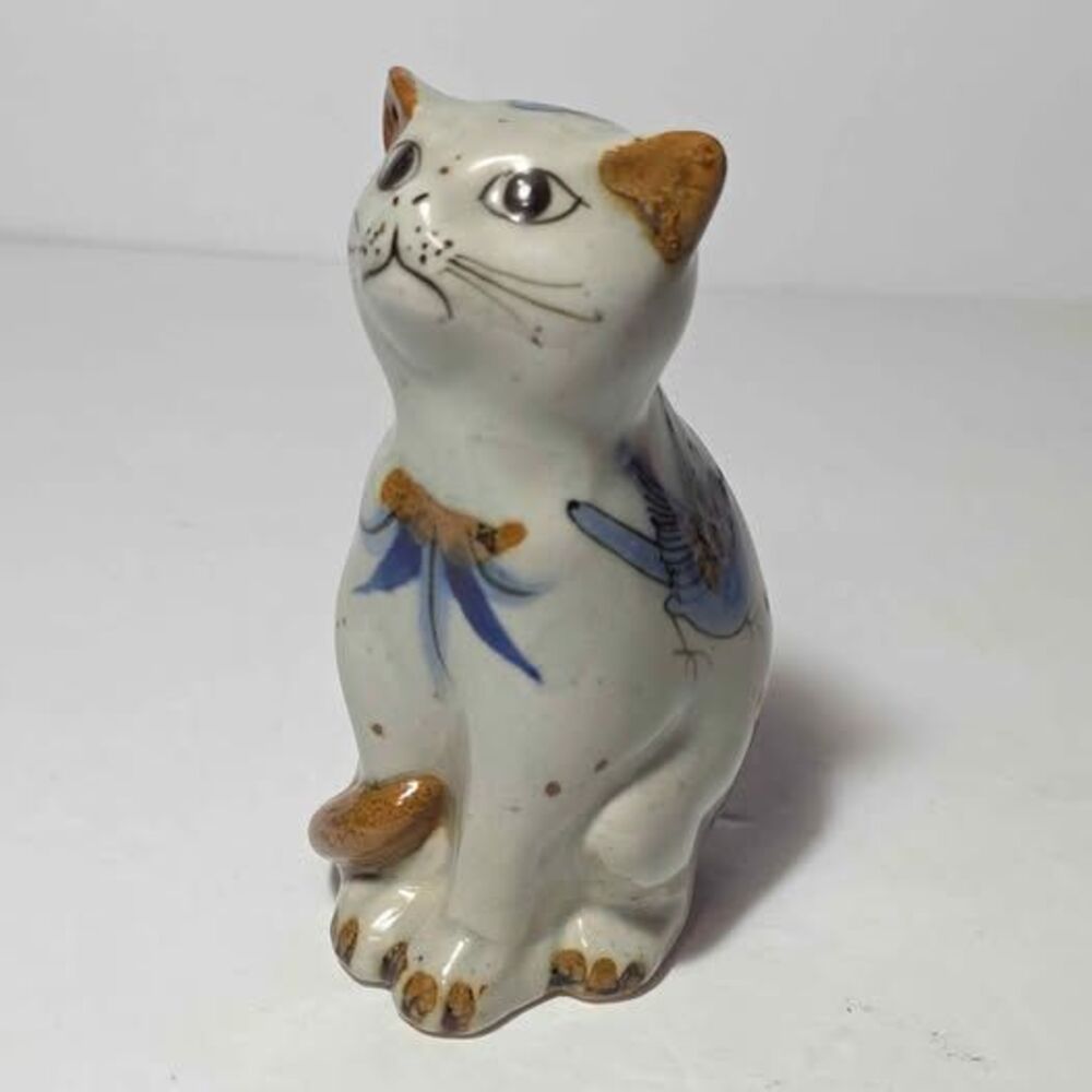 Tonala Mexican Folk Art Pottery Cat Figurine Blue Flowers